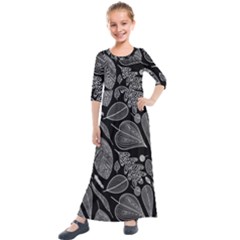 Leaves Flora Black White Nature Kids  Quarter Sleeve Maxi Dress