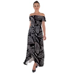 Leaves Flora Black White Nature Off Shoulder Open Front Chiffon Dress by Maspions