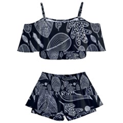 Leaves Flora Black White Nature Kids  Off Shoulder Skirt Bikini