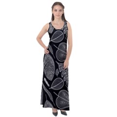 Leaves Flora Black White Nature Sleeveless Velour Maxi Dress