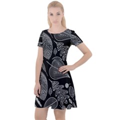 Leaves Flora Black White Nature Cap Sleeve Velour Dress  by Maspions