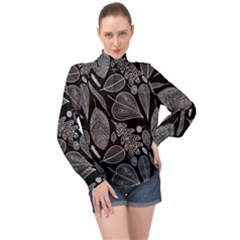 Leaves Flora Black White Nature High Neck Long Sleeve Chiffon Top by Maspions