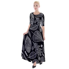 Leaves Flora Black White Nature Half Sleeves Maxi Dress by Maspions