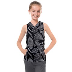 Leaves Flora Black White Nature Kids  Sleeveless Hoodie by Maspions