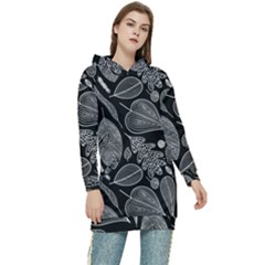 Leaves Flora Black White Nature Women s Long Oversized Pullover Hoodie by Maspions