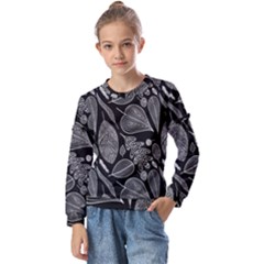 Leaves Flora Black White Nature Kids  Long Sleeve T-shirt With Frill 