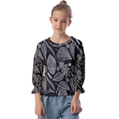 Leaves Flora Black White Nature Kids  Cuff Sleeve Top