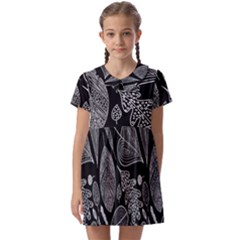 Leaves Flora Black White Nature Kids  Asymmetric Collar Dress by Maspions