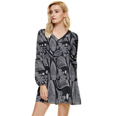 Leaves Flora Black White Nature Tiered Long Sleeve Mini Dress