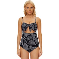 Leaves Flora Black White Nature Knot Front One-piece Swimsuit