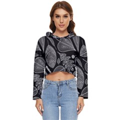 Leaves Flora Black White Nature Women s Lightweight Cropped Hoodie by Maspions