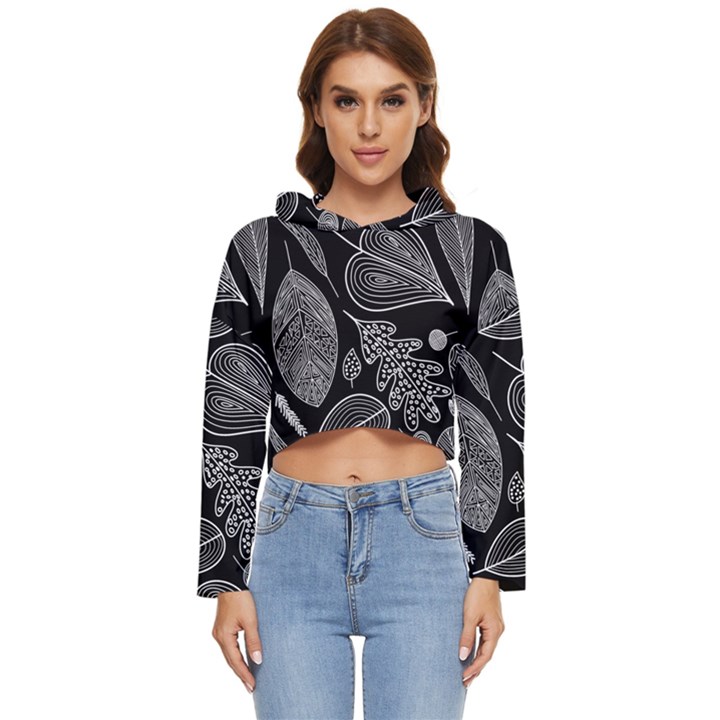 Leaves Flora Black White Nature Women s Lightweight Cropped Hoodie