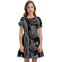 Leaves Flora Black White Nature Kids  Puff Sleeved Dress by Maspions