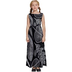 Leaves Flora Black White Nature Kids  Satin Sleeveless Maxi Dress