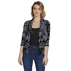 Leaves Flora Black White Nature Women s Draped Front 3/4 Sleeve Shawl Collar Jacket by Maspions