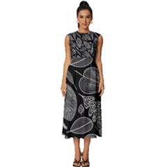 Leaves Flora Black White Nature Sleeveless Round Neck Midi Dress by Maspions