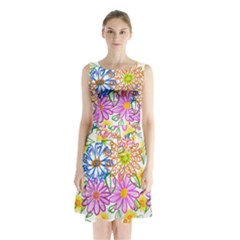 Bloom Flora Pattern Printing Sleeveless Waist Tie Chiffon Dress