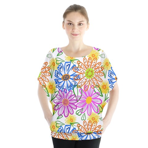 Bloom Flora Pattern Printing Batwing Chiffon Blouse by Maspions