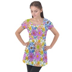 Bloom Flora Pattern Printing Puff Sleeve Tunic Top by Maspions