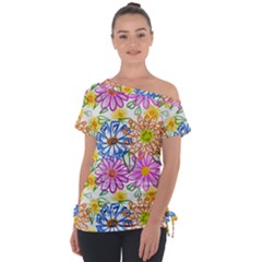 Bloom Flora Pattern Printing Off Shoulder Tie-up T-shirt