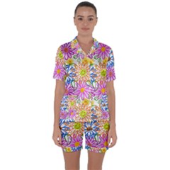 Bloom Flora Pattern Printing Satin Short Sleeve Pajamas Set