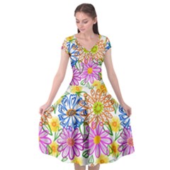 Bloom Flora Pattern Printing Cap Sleeve Wrap Front Dress