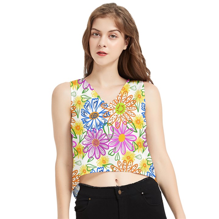 Bloom Flora Pattern Printing V-Neck Cropped Tank Top