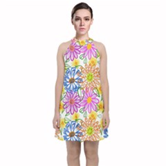 Bloom Flora Pattern Printing Velvet Halter Neckline Dress 