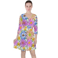 Bloom Flora Pattern Printing Quarter Sleeve Ruffle Waist Dress by Maspions