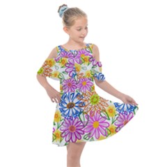 Bloom Flora Pattern Printing Kids  Shoulder Cutout Chiffon Dress