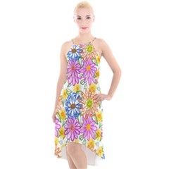 Bloom Flora Pattern Printing High-low Halter Chiffon Dress 