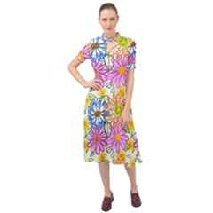 Bloom Flora Pattern Printing Keyhole Neckline Chiffon Dress