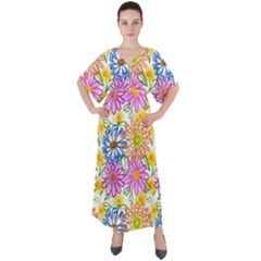 Bloom Flora Pattern Printing V-neck Boho Style Maxi Dress