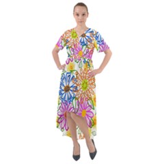 Bloom Flora Pattern Printing Front Wrap High Low Dress