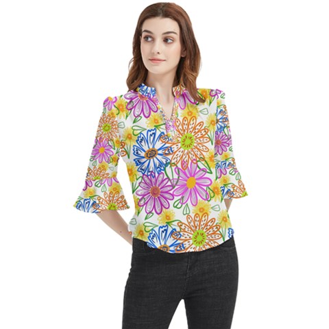 Bloom Flora Pattern Printing Loose Horn Sleeve Chiffon Blouse by Maspions