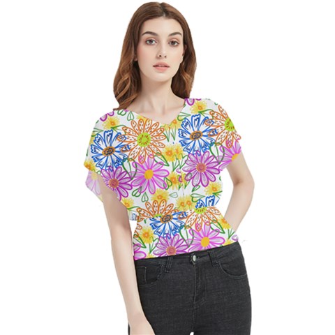 Bloom Flora Pattern Printing Butterfly Chiffon Blouse by Maspions