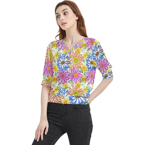 Bloom Flora Pattern Printing Quarter Sleeve Blouse by Maspions