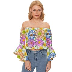 Bloom Flora Pattern Printing Off Shoulder Flutter Bell Sleeve Top