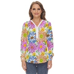 Bloom Flora Pattern Printing Zip Up Long Sleeve Blouse