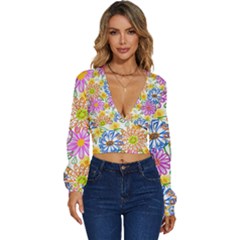 Bloom Flora Pattern Printing Long Sleeve Deep-v Velour Top