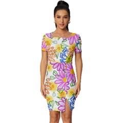 Bloom Flora Pattern Printing Fitted Knot Split End Bodycon Dress by Maspions