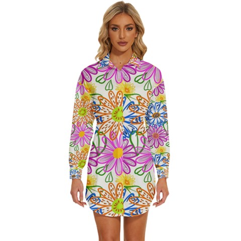 Bloom Flora Pattern Printing Womens Long Sleeve Shirt Dress by Maspions