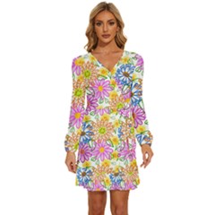 Bloom Flora Pattern Printing Long Sleeve Waist Tie Ruffle Velvet Dress by Maspions