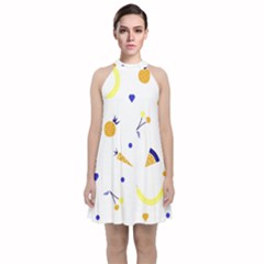 Pattern-fruit-apples-green Velvet Halter Neckline Dress 