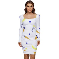 Pattern-fruit-apples-green Women Long Sleeve Ruched Stretch Jersey Dress