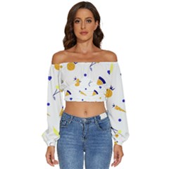 Pattern-fruit-apples-green Long Sleeve Crinkled Weave Crop Top