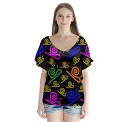 Pattern-repetition-snail-blue V-neck Flutter Sleeve Top