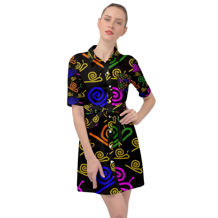 Pattern-repetition-snail-blue Belted Shirt Dress