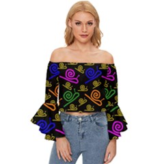 Pattern-repetition-snail-blue Off Shoulder Flutter Bell Sleeve Top