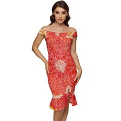 Grapefruit-fruit-background-food Off Shoulder Ruffle Split Hem Bodycon Dress